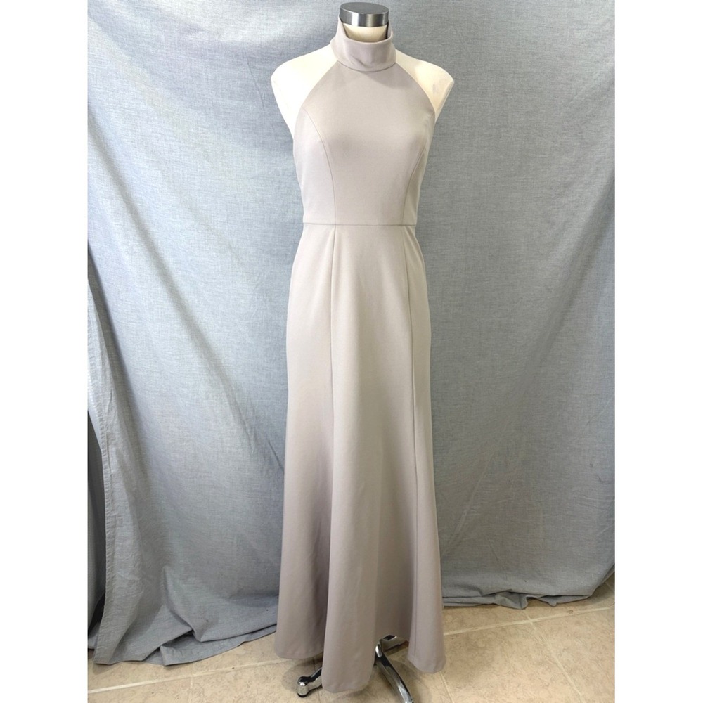 Jenny Yoo Collection Taupe Greige Halter Maxi Gown Open Back 4 Wedding Prom